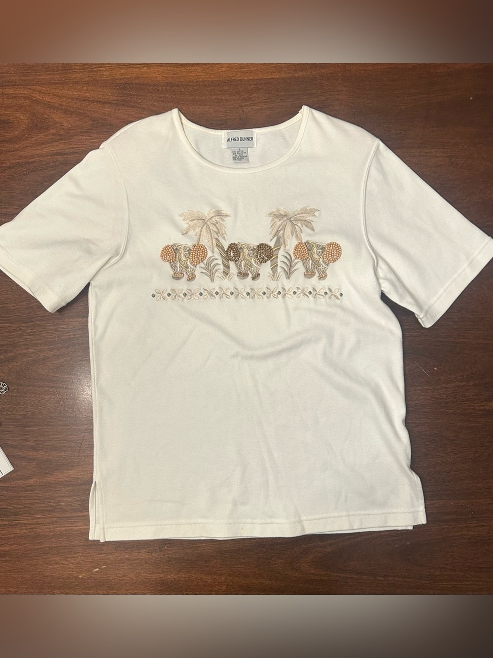Alfred Dunner Cream Short-Sleeve Tee with Beige & Brown Embroidered Elephants